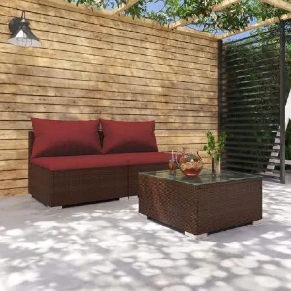 3 Piece Garden Lounge Set with Cushions Poly Rattan Brown