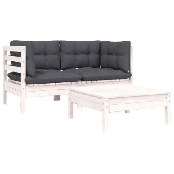 3 Piece Garden Lounge Set With Cushions White Solid Pinewood