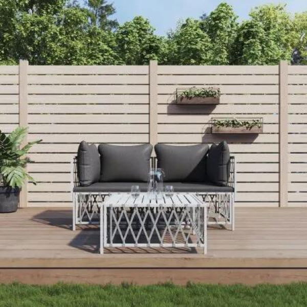 3 Piece Garden Lounge Set with Cushions White Steel