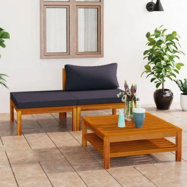 3 Piece Garden Lounge Set With Dark Grey Cushions Acacia Wood