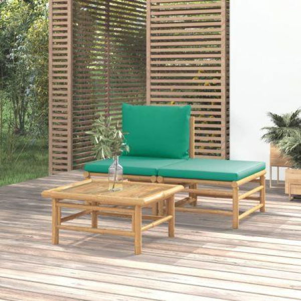 3 Piece Garden Lounge Set With Green Cushions Bamboo