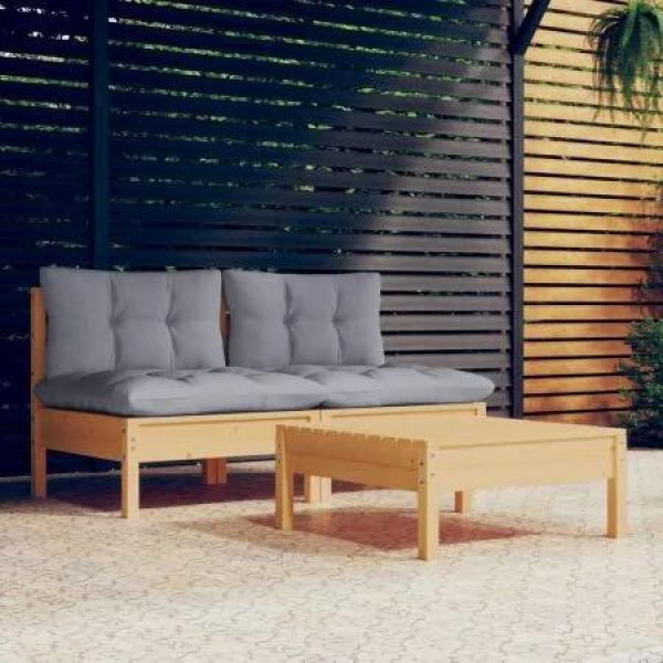 3 Piece Garden Lounge Set with Grey Cushions Pinewood