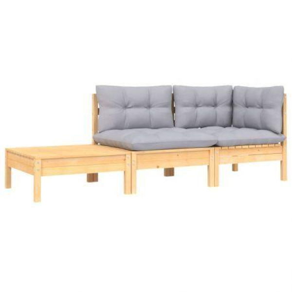 3 Piece Garden Lounge Set With Grey Cushions Solid Pinewood