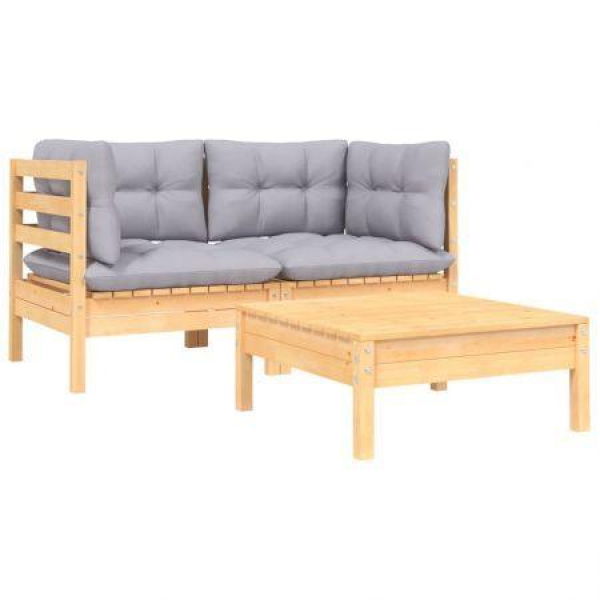 3 Piece Garden Lounge Set With Grey Cushions Solid Pinewood