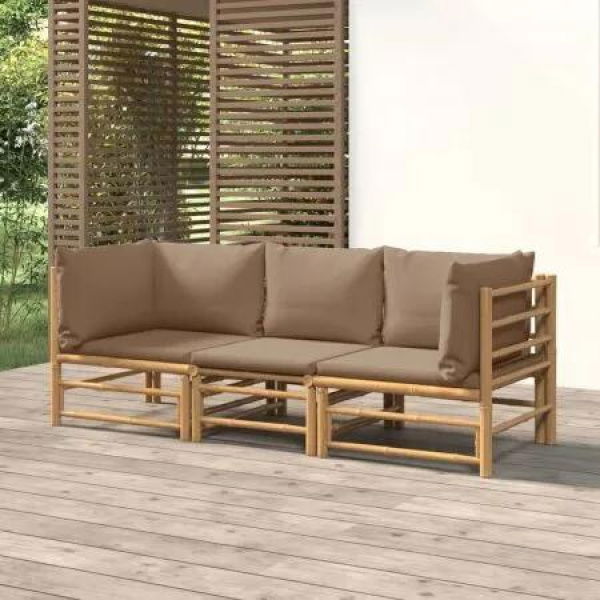 3 Piece Garden Lounge Set with Taupe Cushions Bamboo