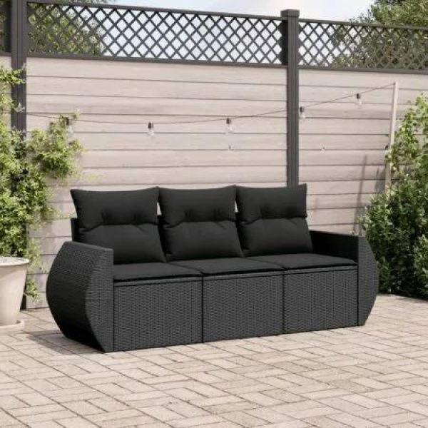 3 Piece Garden Sofa Set with Cushions Black Poly Rattan