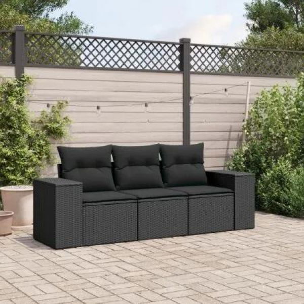 3 Piece Garden Sofa Set with Cushions Black Poly Rattan