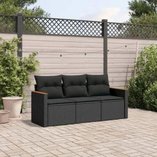 3 Piece Garden Sofa Set with Cushions Black Poly Rattan