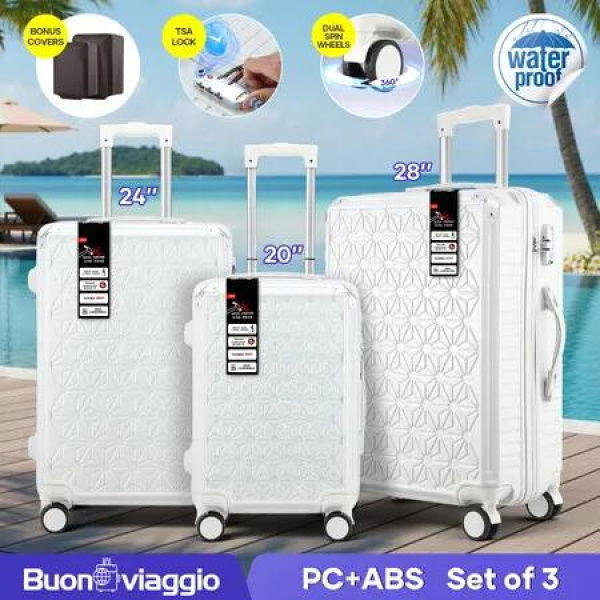 3 Piece Luggage Set Carry On Hard Shell Travel Suitcases Traveller Checked Bag Trolley Lightweight Hand Baggage Cabin Rolling Wheels TSA Lock 2 Covers