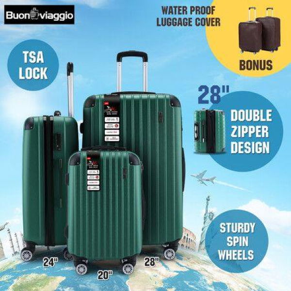 3 Piece Luggage Set Carry On Suitcases Travel Cabin Bags Hard Shell Case With Wheels Lightweight Rolling Trolley TSA Lock 2 Covers Green