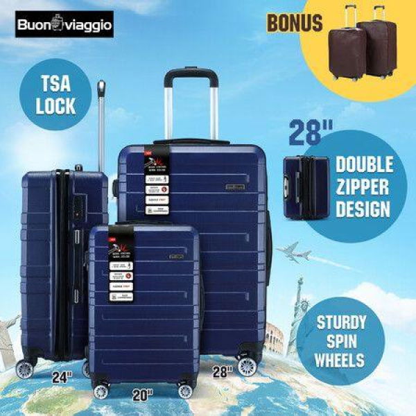 3 Piece Luggage Set Travel Carry On Hard Suitcases Trolley Lightweight With 2 Covers And TSA Lock Navy Blue