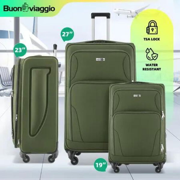 3 Piece Luggage Suitcase Set Soft Carry On Spinner Travel Case Cabin Traveller Bags Expandable Travelling TSA Lock Trolley Rolling Hand Baggage Green