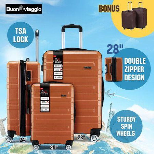 3 Piece Luggage Travel Set Hard Carry On Suitcases Lightweight Trolley With 2 Covers And TSA Lock Orange