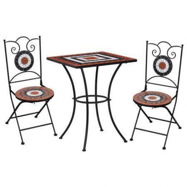 3 Piece Mosaic Bistro Set Ceramic Tile Terracotta And White