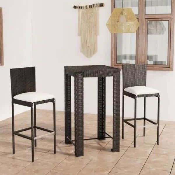 3 Piece Outdoor Bar Set with Cushions Poly Rattan Black