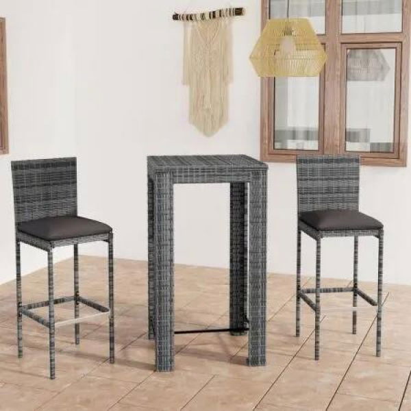 3 Piece Outdoor Bar Set with Cushions Poly Rattan Grey