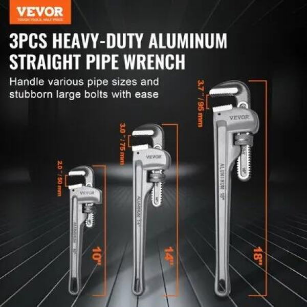 3-Piece Pipe Wrench Set, 10' 14' 18' Aluminum Straight Pipe Wrench, Adjustable Plumbing Wrench, with High Strength Jaw and Ergonomic Handle, Hangable Design, for Water Pipes, Automotive Repairs