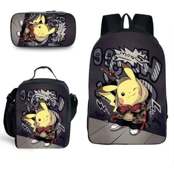 3-Piece Pokemon Cartoon Backpack Set: Travel Backpack,40cm Multi-Function Daypack,Large Capacity Shoulder Bag Perfect Gift Idea