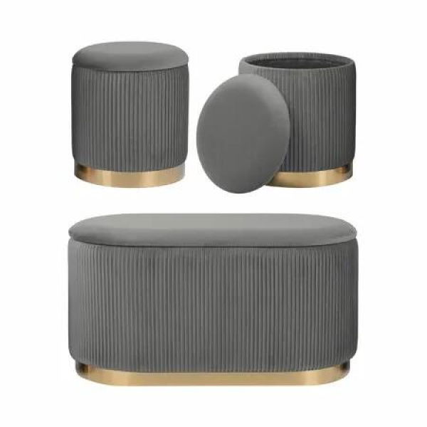3 Piece Set Storage Ottoman - Velvet Bench Stool FAYE - GREY