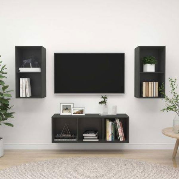 3 Piece TV Cabinet Set Grey Chipboard