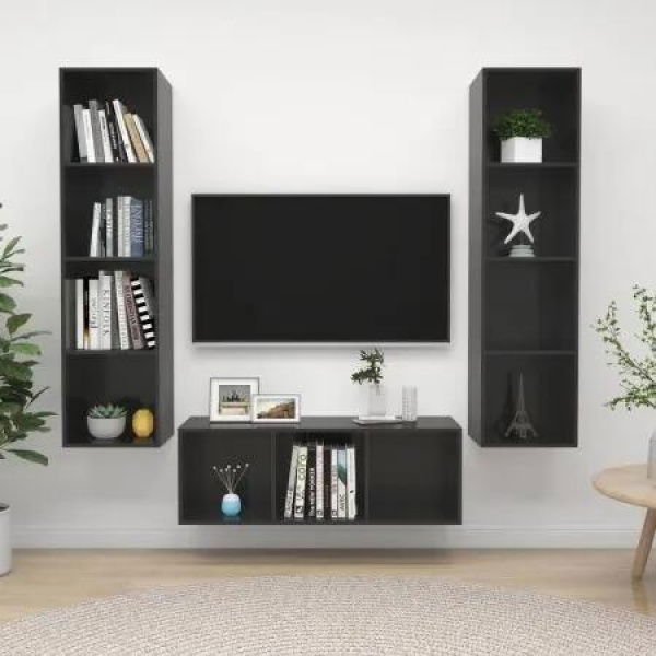 3 Piece TV Cabinet Set High Gloss Grey Engineered Wood