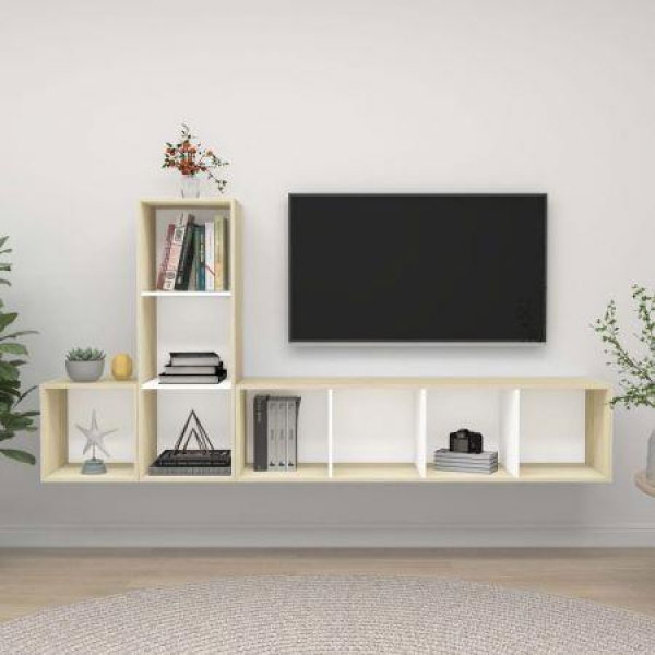 3 Piece TV Cabinet Set White And Sonoma Oak Chipboard