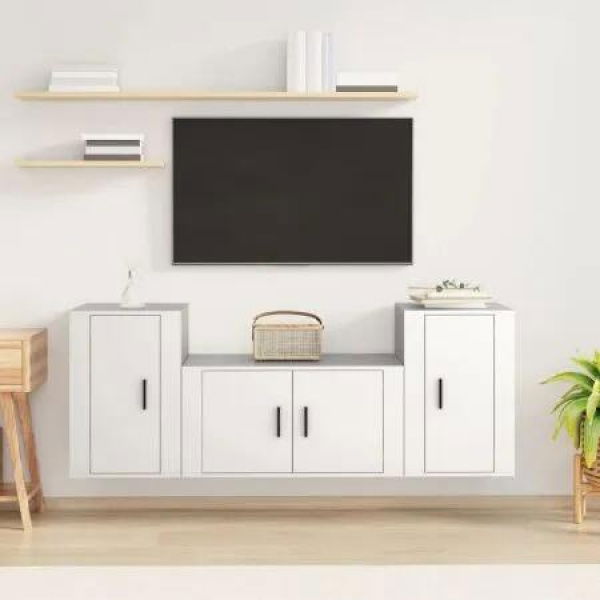 3 Piece TV Cabinet Set White Engineered Wood