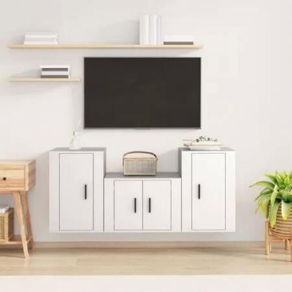 3 Piece TV Cabinet Set White Engineered Wood