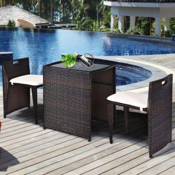 3 Pieces Cushioned Patio Rattan Set With Tempered Glass Top Table