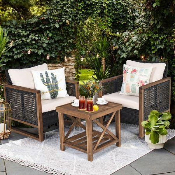 3 Pieces Outdoor Wooden Furniture Bistro Set With Cushioned Sofas