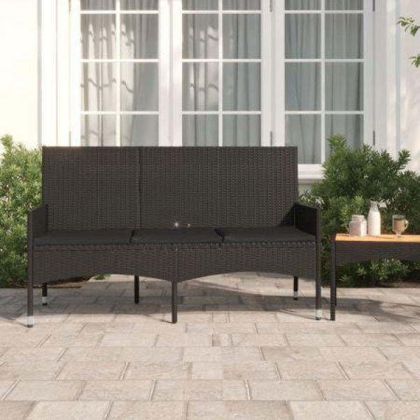 3-Seater Garden Bench With Cushions Black Poly Rattan