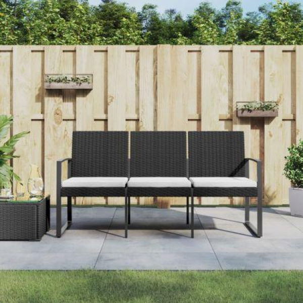 3-Seater Garden Bench With Cushions Black PP Rattan