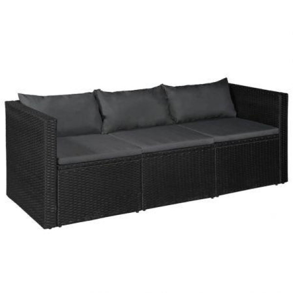 3 Seater Garden Sofa Black Poly Rattan With Grey Cushions