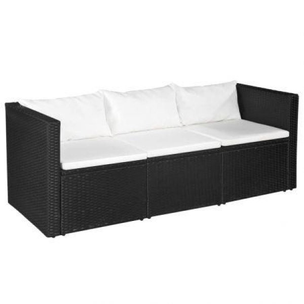 3 Seater Garden Sofa Black Poly Rattan With White Cushions