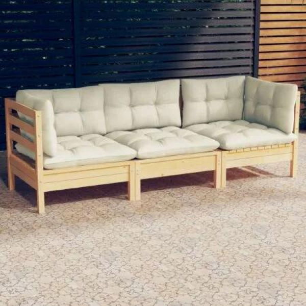 3-Seater Garden Sofa with Cream Cushions Solid Pinewood