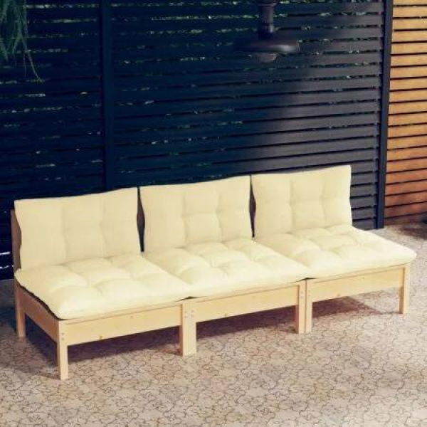 3-Seater Garden Sofa with Cream Cushions Solid Pinewood