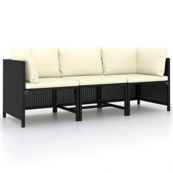 3-Seater Garden Sofa With Cushions Black Poly Rattan