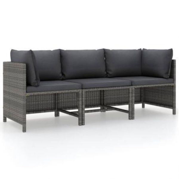 3-Seater Garden Sofa With Cushions Grey Poly Rattan