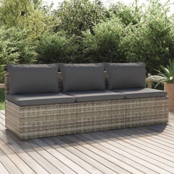 3-Seater Garden Sofa With Cushions Grey Poly Rattan