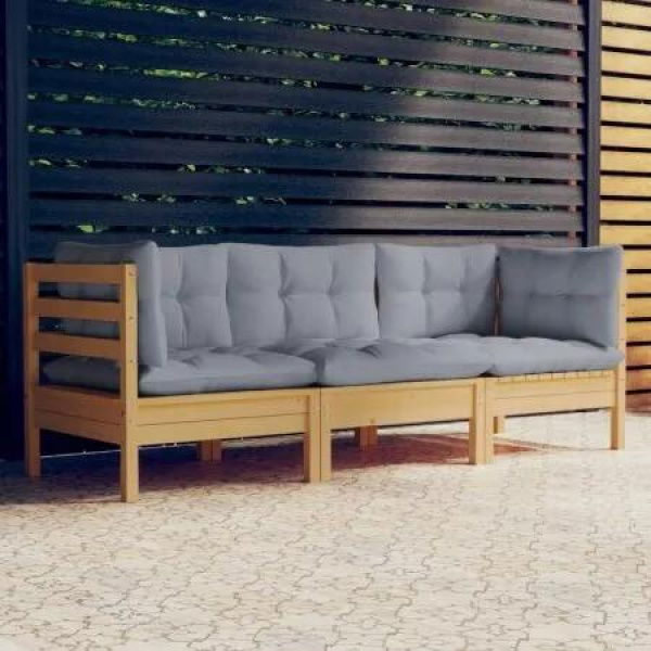 3-Seater Garden Sofa with Grey Cushions Solid Pinewood