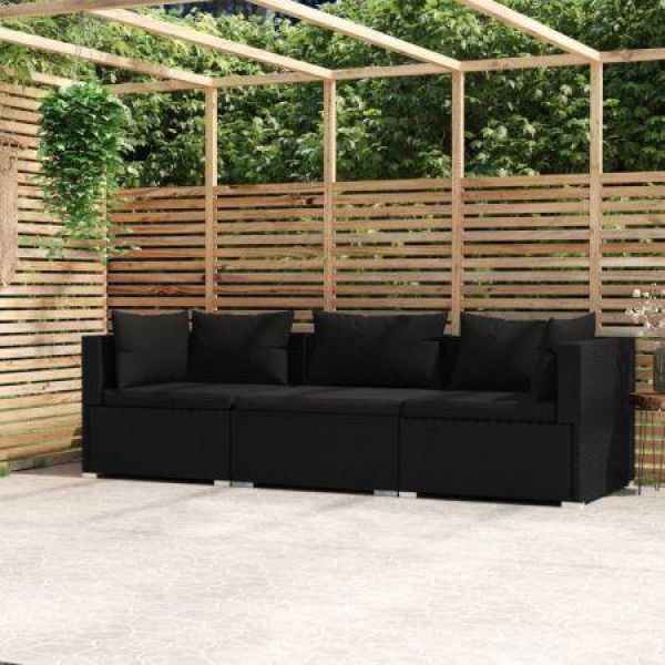 3-Seater Sofa With Cushions Black Poly Rattan