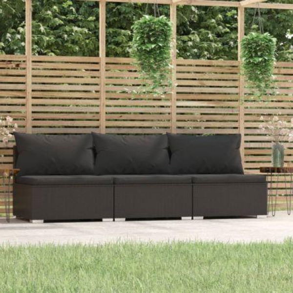 3-Seater Sofa With Cushions Black Poly Rattan