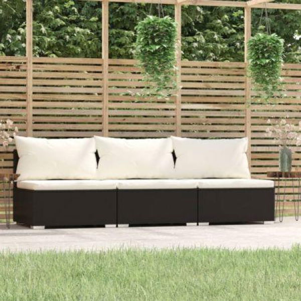 3-Seater Sofa With Cushions Black Poly Rattan