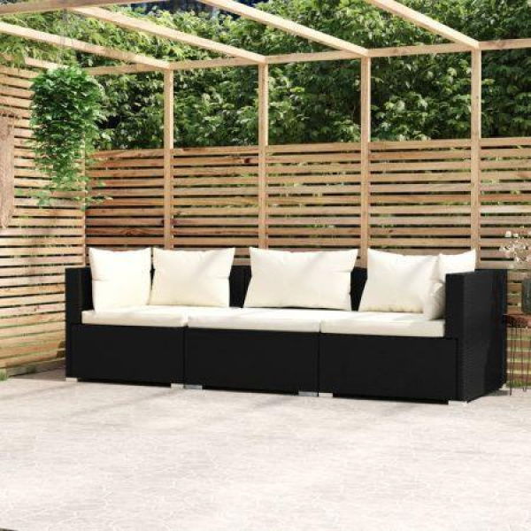 3-Seater Sofa With Cushions Black Poly Rattan