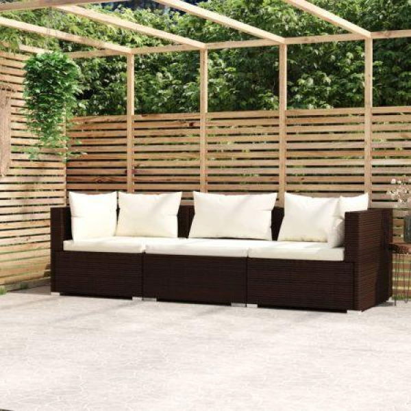 3-Seater Sofa With Cushions Brown Poly Rattan