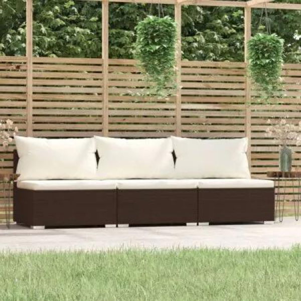 3-Seater Sofa with Cushions Brown Poly Rattan