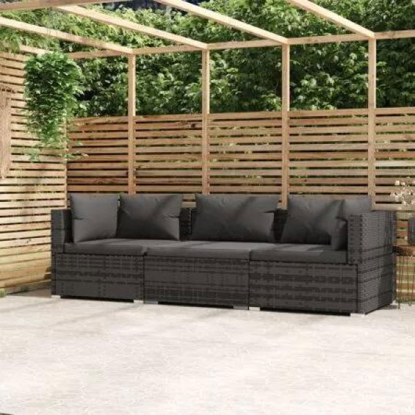 3-Seater Sofa with Cushions Grey Poly Rattan