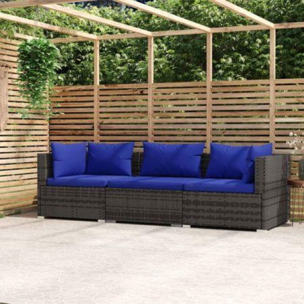 3-Seater Sofa With Cushions Grey Poly Rattan