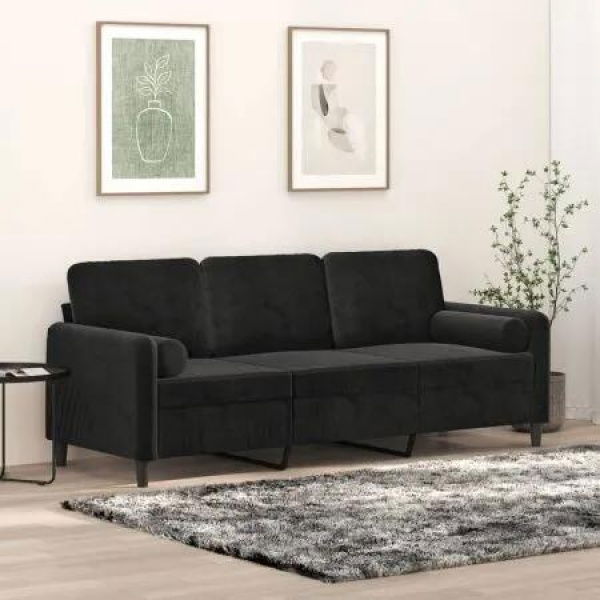 3-Seater Sofa with Throw Pillows Black 180 cm Velvet