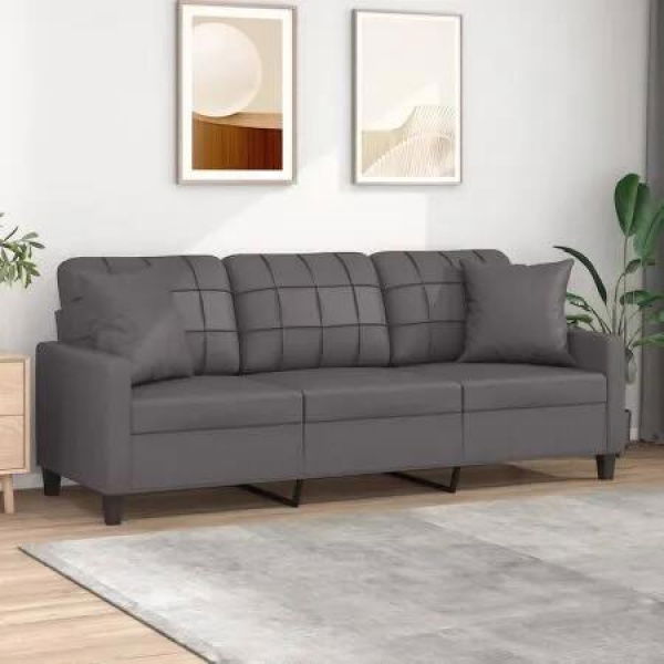 3-Seater Sofa with Throw Pillows Grey 180 cm Faux Leather